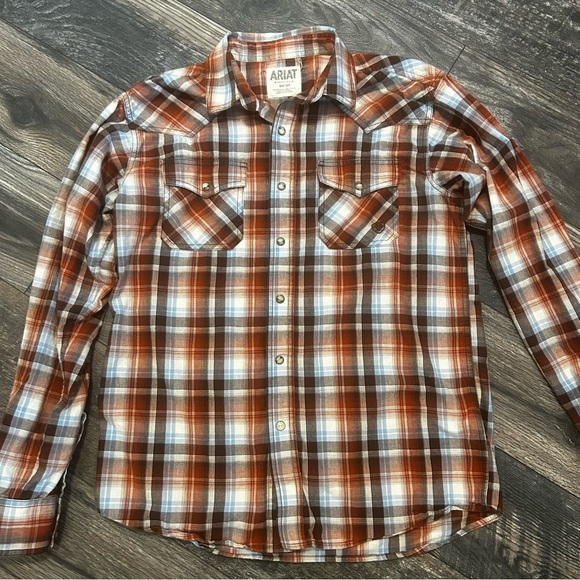Ariat Other - Ariat Men's Medium Pearl Snap Brown Rust Plaid Shirt Long Sleeve